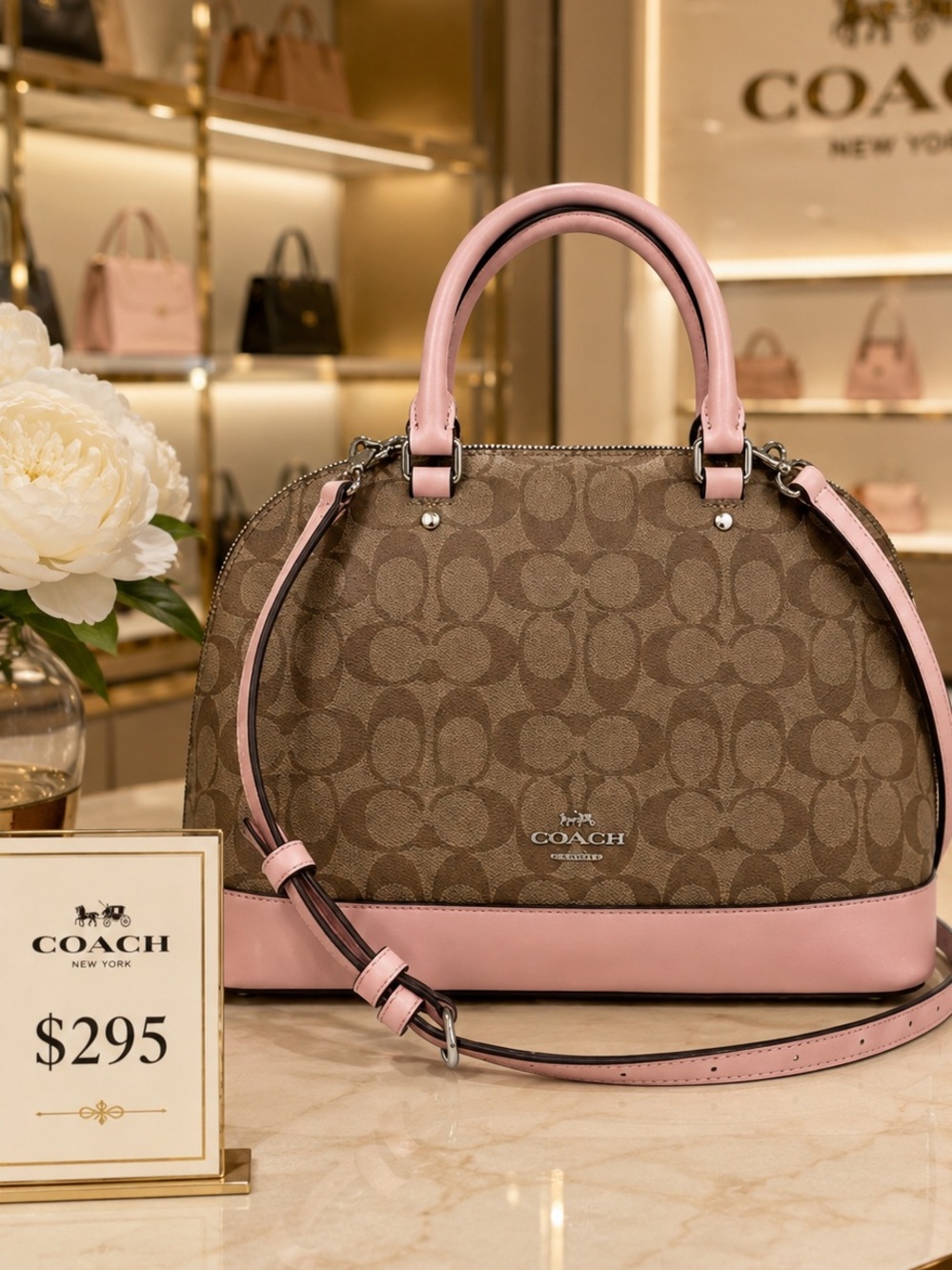 Coach Mini Sierra Satchel in Signature Canvas with Pink Leather Trim